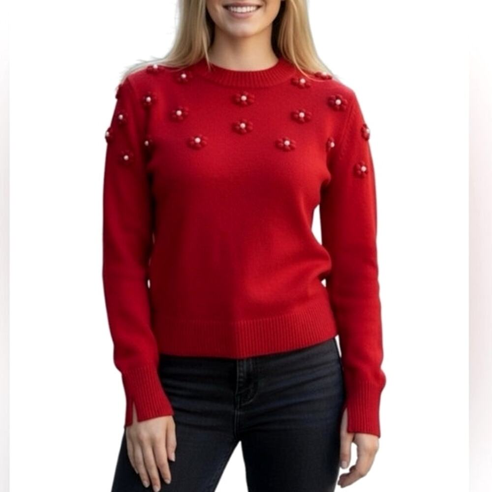 Alashan Merino Wool Pearl Embellished Feminine Sweater Red Crew Neck XL